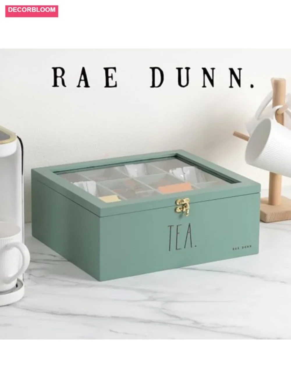Bamboo Tea Bag Organizer Box with Divided Storage and Hinge Lid